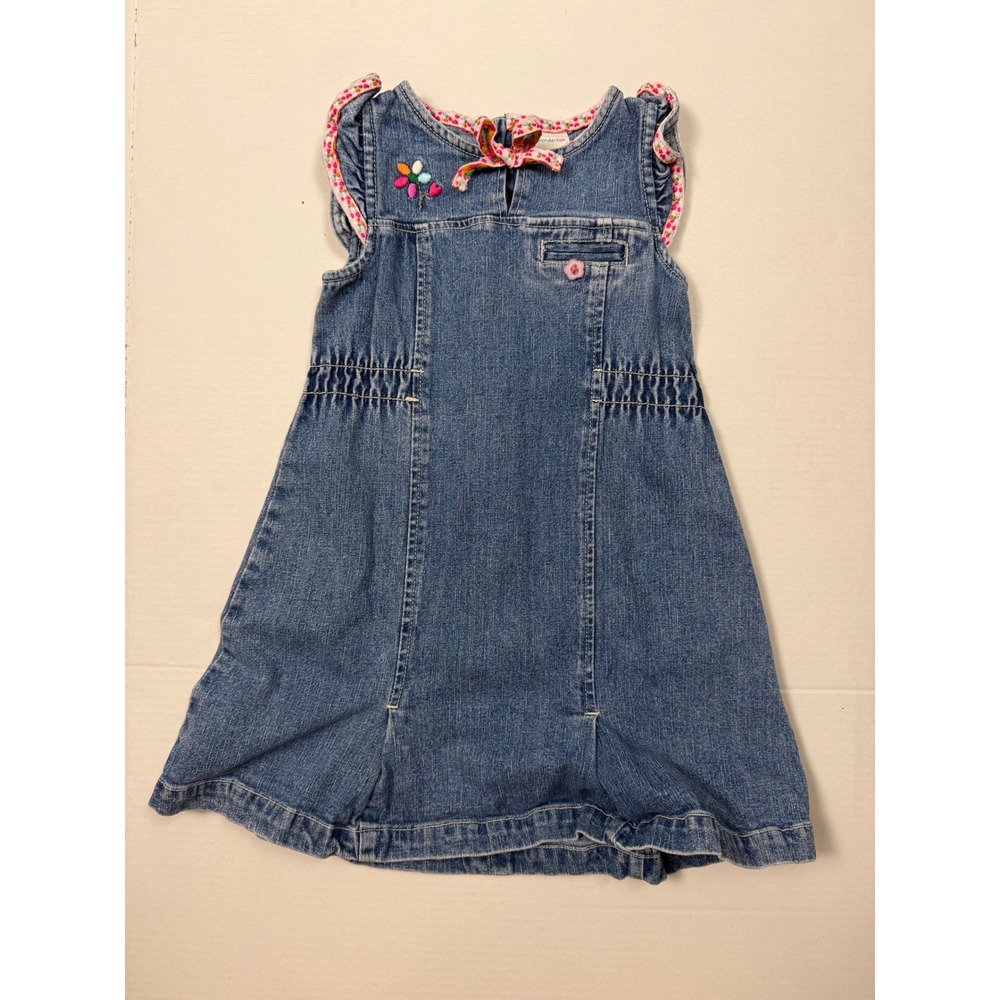 Wonder Kids Denim Dress Floral Trim 3T Blue Sleeveless Embroidered Jumper